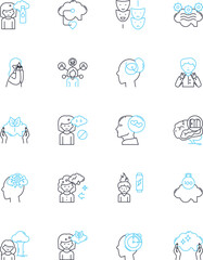 Brain function linear icons set. Cognition, Memory, Attention, Perception, Intelligence, Learning, Creativity line vector and concept signs. Neuroplasticity,Emotions,Focus outline illustrations