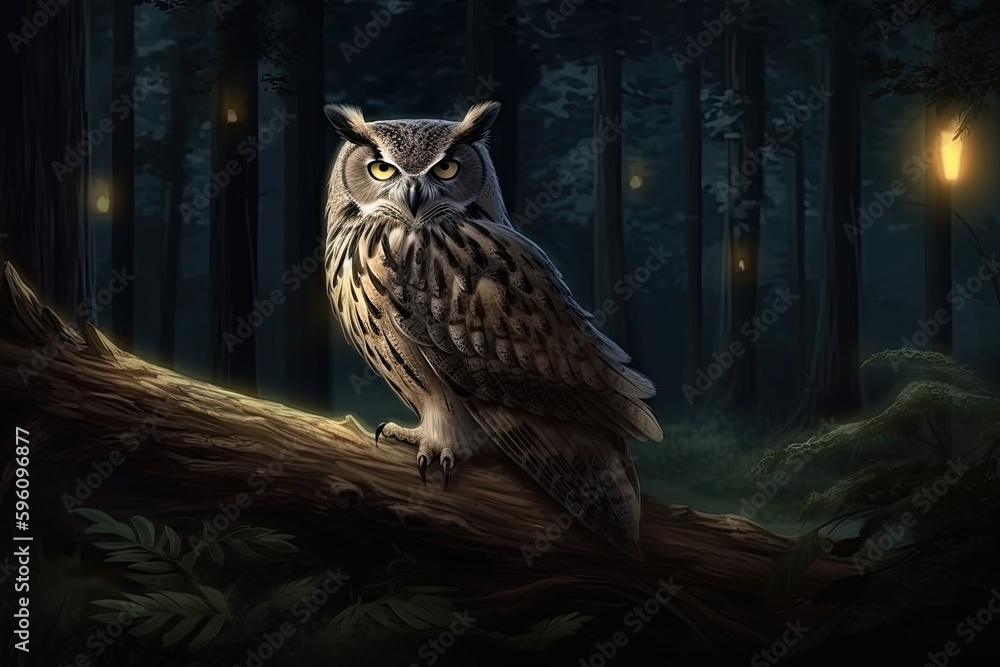 Poster an owl perched on a tree branch in the midst of a dense forest. generative ai