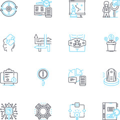 Evaluation planning linear icons set. Assessment, Metrics, Targets, Scope, Objectives, Analysis, Criteria line vector and concept signs. Strategy,Outcomes,Goals outline illustrations