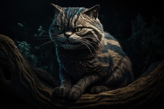 Alice in Wonderland. Cheshire cat white rabbit, Alice in blue dress drink tea. Alice through the Looking Glass. Generative AI