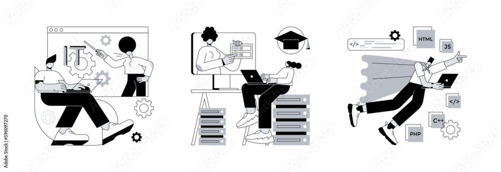 Poster it specialist training abstract concept vector illustration set. information technology courses, onl