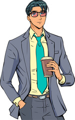 A man in glasses and a suit stands and holds a cup of coffee with his hand. Successful and happy employee of the company. Pop Art Retro