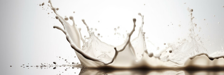 Splashes of white milk liquid with space for text. Generative AI.