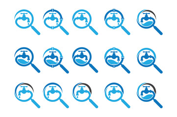 Water Faucet Find Search Plumbing Logo Concept sign icon symbol Design Element. Repair, Plumber, Tap, Plumbing Service Logotype. Vector illustration template