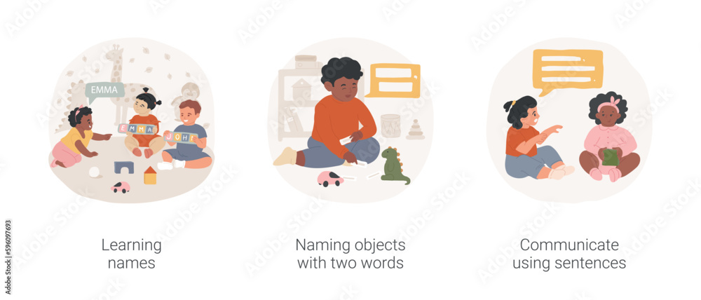 Poster toddlers communication skills isolated cartoon vector illustration set. learning names, naming objec