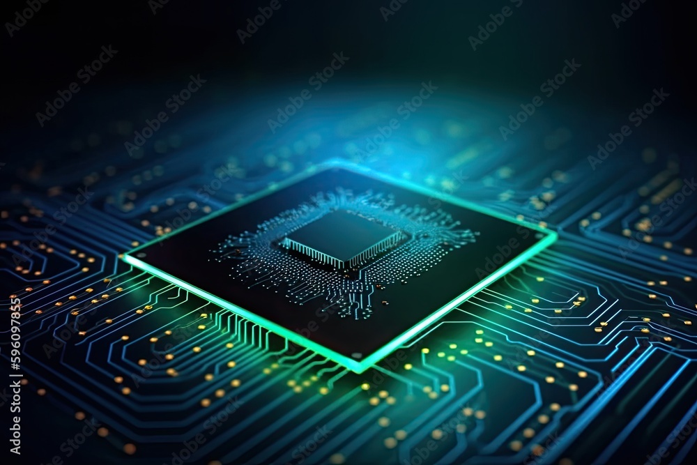 Poster detailed computer chip on a circuit board. generative ai