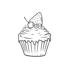 Tasty beautiful realistic cupcake with strawberry and blueberry, cherry and chocolate cream in black isolated on white background. Hand drawn vector sketch illustration doodle vintage engraved style