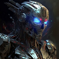KI robot with blue eyes and red details metallic ai robot android 3d cyborg automat head metal -Generative AI