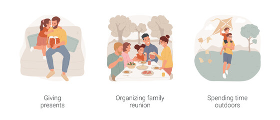 Fathers Day isolated cartoon vector illustration set. Daughter giving presents to dad, prepare surprise, organize family reunion, father and son spending time outdoors, celebration vector cartoon.