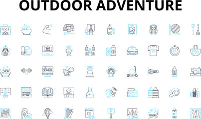 Outdoor adventure linear icons set. Hiking, Camping, Rafting, Zip-lining, Mountain biking, Climbing, Kayaking vector symbols and line concept signs. Hunting,Fishing,Safari illustration