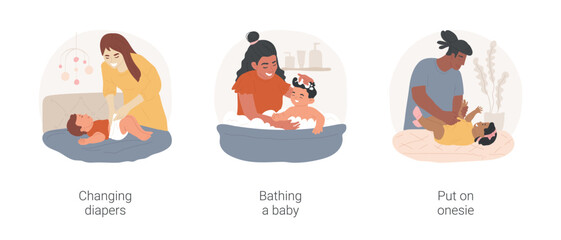Baby hygiene isolated cartoon vector illustration set. Mom changing diaper, mother bathing a baby, daily washing, infant hygiene, father put on onesie on little child, newborn care vector cartoon. - 596098201