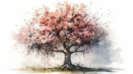Obraz na płótnie Canvas Watercolor painting of an old tree with pink blossoms on white background.generative ai