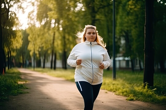 Overweight young woman jogging in park at sunny summer. Weight loss concept, created with Generative AI