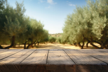 Naklejka na ściany i meble Wooden table outdoors in olive tree field for product presentation, Generative AI