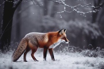Fototapeta premium majestic red fox standing in a serene winter forest. Generative AI