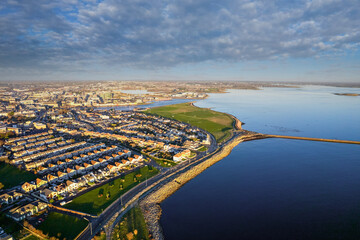 Aerial view on Salthill area of Galway city, Ireland. Warm sunny day. Popular educational center...
