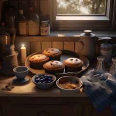 A rustic kitchen counter with baked goods, made with generative AI