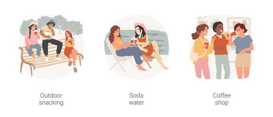 Takeaway food and drinks isolated cartoon vector illustration set. Group of teens and eating snack, drinking soda at poolside, lemonade, group of teenagers sitting at coffee shop vector cartoon.