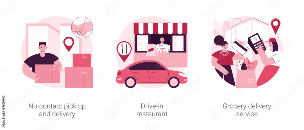 Poster safe way to get food and essentials abstract concept vector illustration set. no-contact pick up and