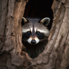 A raccoon peaking from a tree, made with generative AI