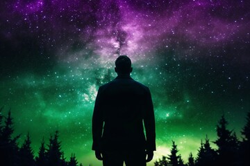 Fototapeta na wymiar a tall young man standing in the forest looking at the stars created with Generative AI technology