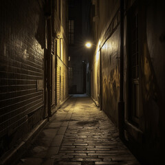 A dark alley with a single street lamp, made with generative AI