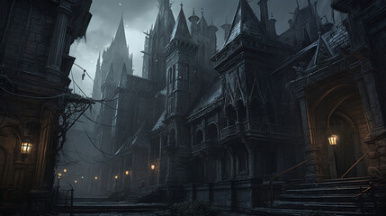 A dark gothic city with mist at night, made with generative AI