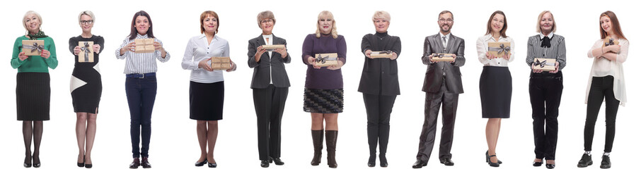 group of happy people with gifts in their hands isolated