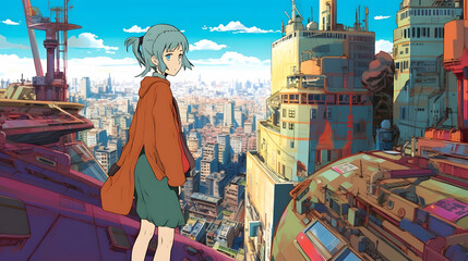 Fototapeta premium Futuristic Anime Girl in an Asian Metropolis