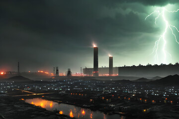 Power plant, chimneys with smoke and fire. Global warming, ecology and climate change concept. AI generated illustration