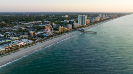 Aerial view of Myrtle Beach, SC during sunrise.