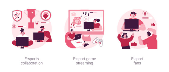 Video games industry abstract concept vector illustration set. eSports collaboration, game streaming, e-sport fan club and community, champion league sponsorship, entertainment abstract metaphor.