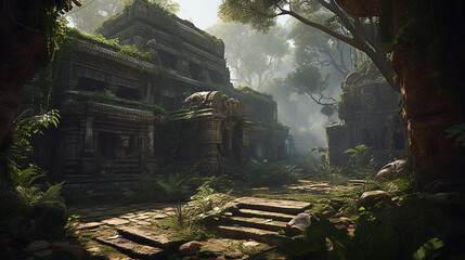 A Dense Jungle with an overgrown temple, made with generative AI