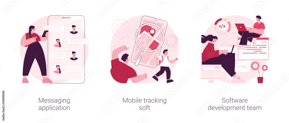 Poster smartphone application abstract concept vector illustration set. messaging application, mobile track