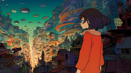 Futuristic Anime Girl in an Asian Metropolis