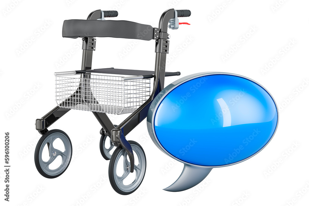 Poster rollator for elderly with speech bubble, 3d rendering
