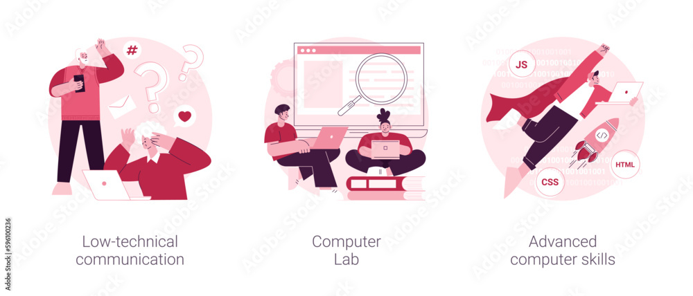 Poster computer skills requirement abstract concept vector illustration set. low-technical communication, c