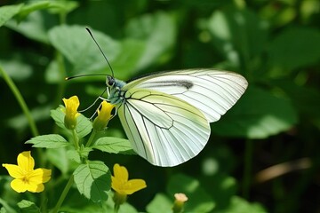 white butterfly perched on a bright yellow flower. Generative AI