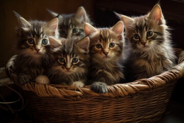 Naklejka na ściany i meble A basket of kittens peeking over the rim, bright eyes cuteness. Generative AI.