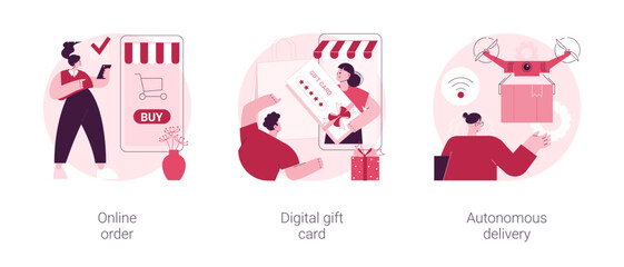 No contact order and delivery abstract concept vector illustration set. Online order, digital gift card, autonomous delivery, buying goods on internet, certificate online, drone use abstract metaphor.