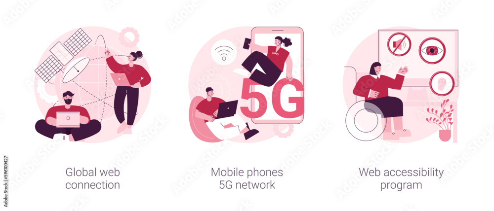 Poster global network communication abstract concept vector illustration set. global web connection, mobile