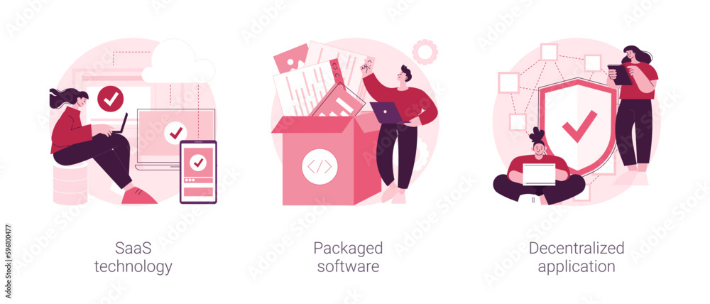 Poster application service abstract concept vector illustration set. saas technology, packaged software, de