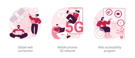 Global network communication abstract concept vector illustration set. Global web connection, mobile phones 5G network, web accessibility program, satellite, GPS technology internet abstract metaphor.