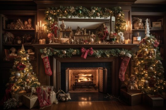 A Fireplace Mantel Covered In Decorated Christmas Trees, Garlands Of Tinsel, Gingerbread Houses, Old Antique Ornaments With Handwritten Notes Tied To Branches About Family Memories. Generative AI