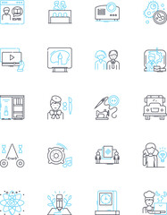 Knowledge building linear icons set. Collaboration, Research, Learning, Discovery, Exploration, Innovation, Problem-solving line vector and concept signs. Analysis,Synthesis,Inquiry outline