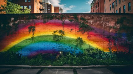 Painting rainbow colors on Brick wall. ai generative.