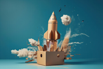 Handmade rocket ship crafted from a cardboard box inspires young minds to dream big and reach for the stars AI Generative - obrazy, fototapety, plakaty