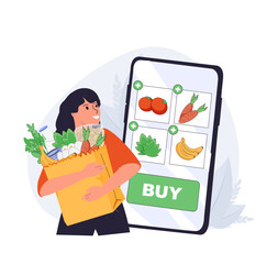 Online shopping food grocery buying. Character add food on mobile phone screen and add to shopping basket. E-commerce