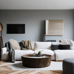 16 A cozy, Scandinavian-inspired living room with a mix of neutral and textured fabrics, a mix of natural and black finishes, and a large, abstract painting5, Generative AI