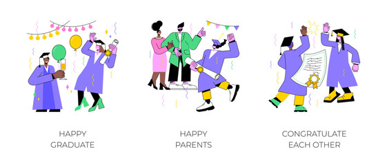 Happy graduates isolated cartoon vector illustrations set. Smiling student with diploma in hands, college education over, joyful parents congratulate their child, classmates hugging vector cartoon.